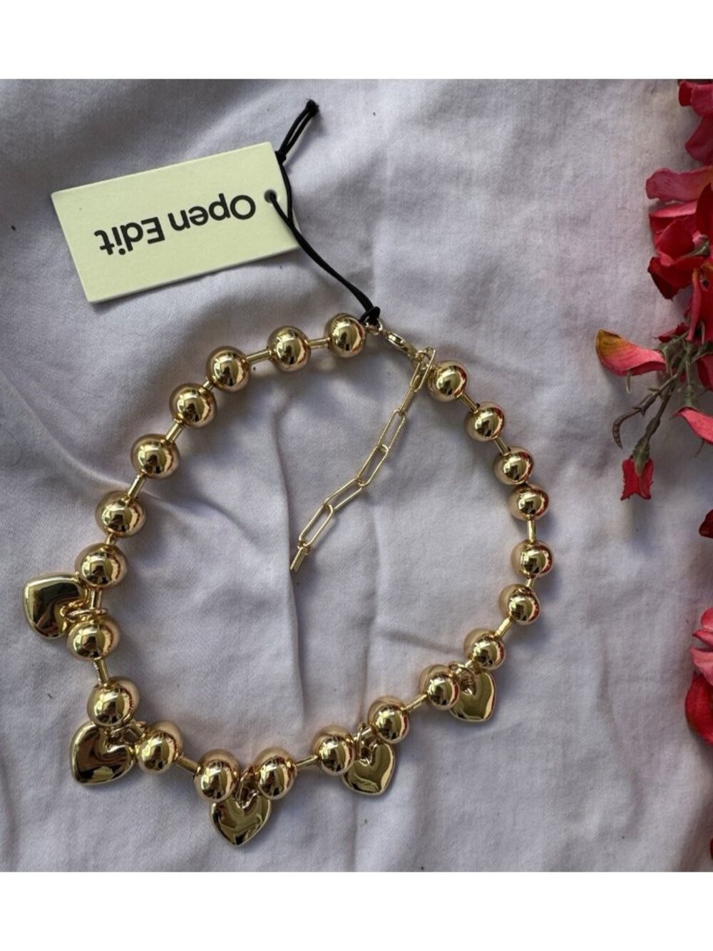 Open Edit Nordstrom Shiny Gold Orb Chunky Hearts Puffy Bead Necklace 15" NEW